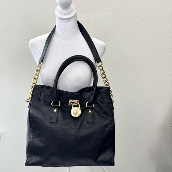 Michael Kors Womens Hamilton Satchel Handbag Leather Goldtone Lock Classic Black - Picture 3 of 13